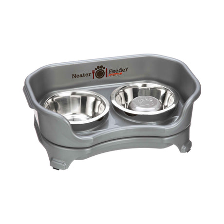 Gunmetal cat to small dog EXPRESS Neater Feeder with Stainless Steel Slow Feed Bowl and a regular water bowl against a white background.
