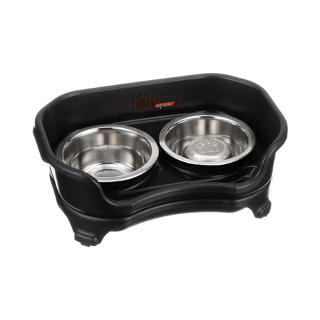 Midnight Black cat to small dog EXPRESS Neater Feeder with Stainless Steel Slow Feed Bowl and a regular water bowl against a white background.