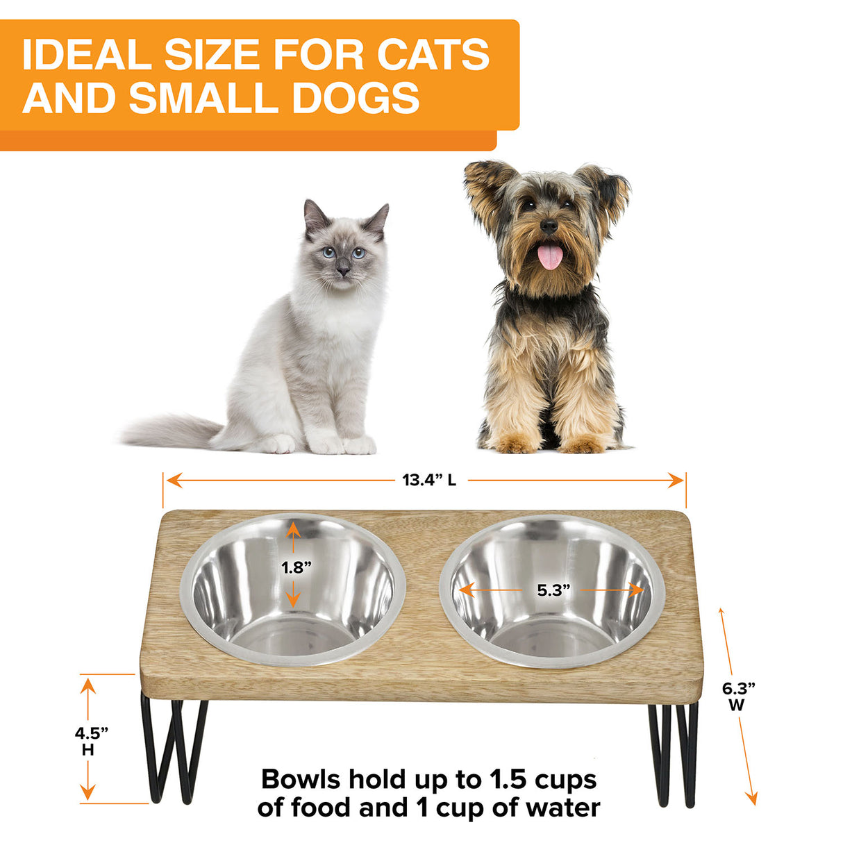 A picture of the angled feeder with ceramic bowls and the dimensions. Text on the screen reads: Ideal size for cats and small dogs.