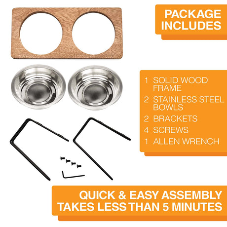 images showing contents of box: 1 frame, 2 stainless steel bowls, 2 brackets, 4 screws, and 1 allen wrench.