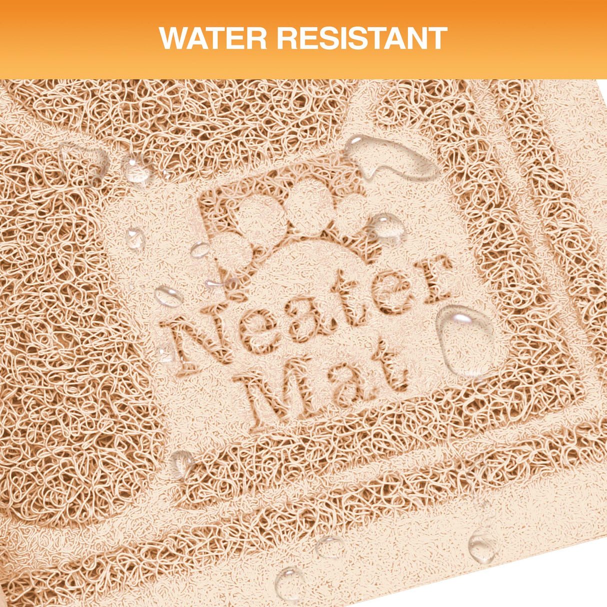 Water-resistant mat with 'Neater Mat' branding and water droplets on a textured surface.
