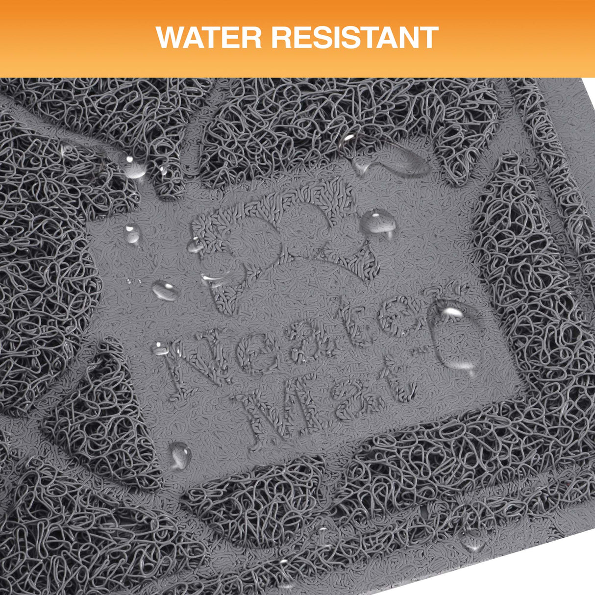 Water-resistant mat with 'Neater Mat' branding and water droplets on a textured surface.
