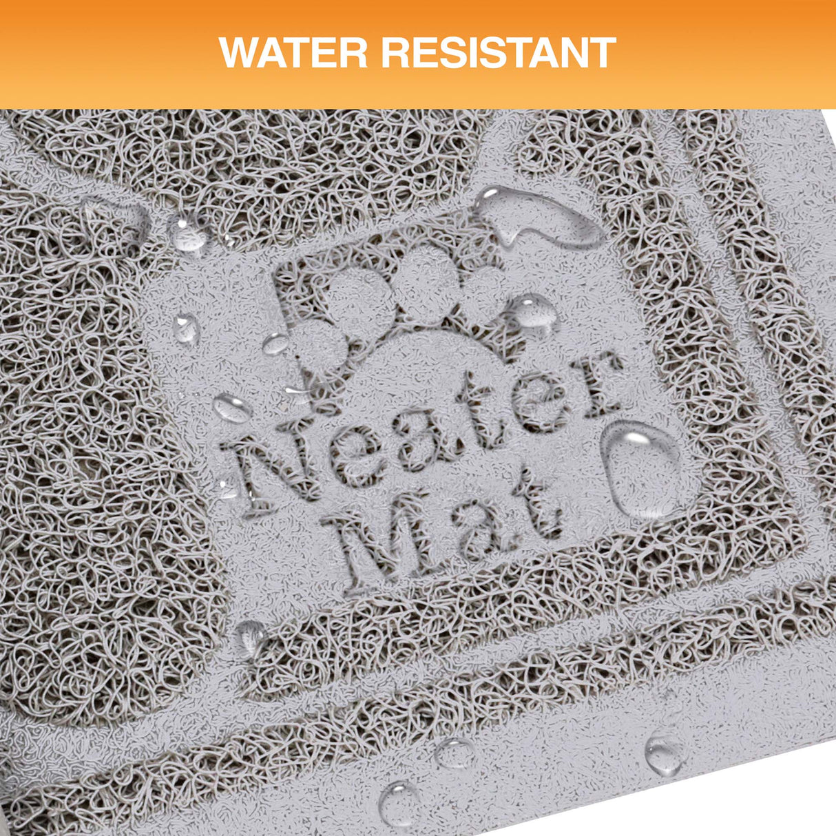 Water-resistant mat with 'Neater Mat' branding and water droplets on a textured surface.