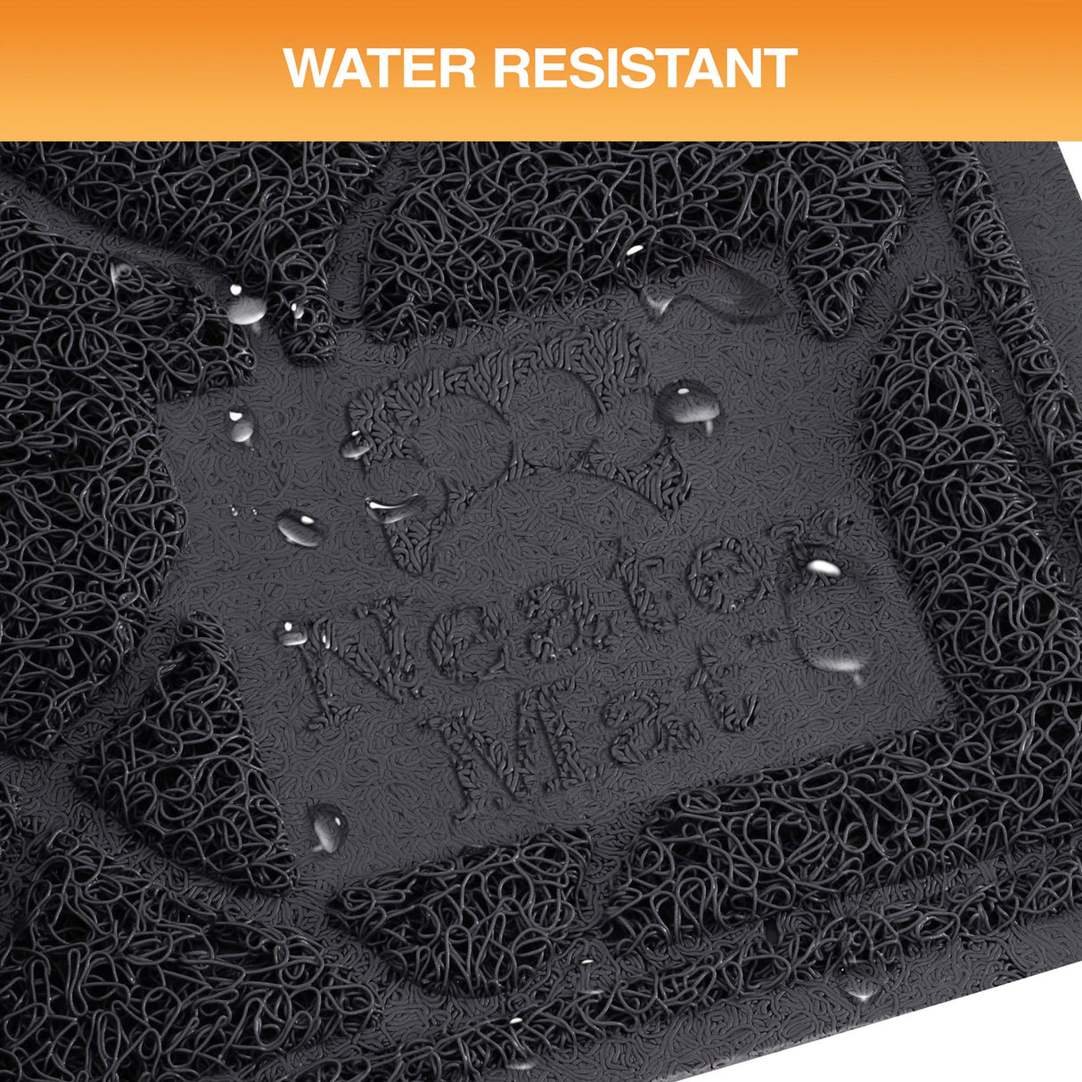 Water-resistant mat with 'Neater Mat' branding and water droplets on a textured surface.