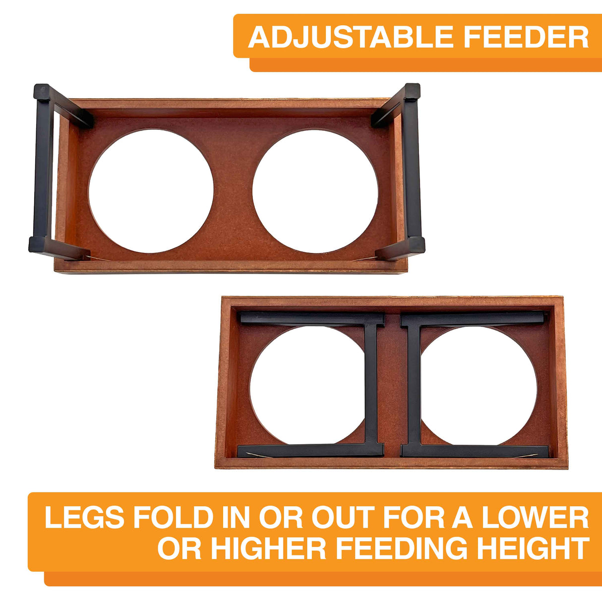 Two images of the feeder lying upside down. One with the legs extended and the other one not against a white background. Text on screen reads: Adjustable feeder. Legs fold in or out for a lower or higher feeding height.