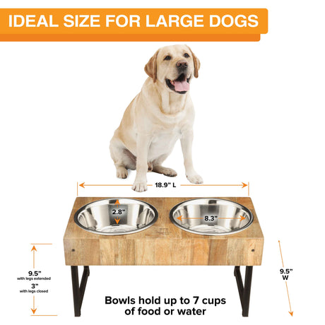 A large-sized dog is seated behind the large wooden feeder, displaying the dimensions. Text on screen reads: Ideal size for large dogs.