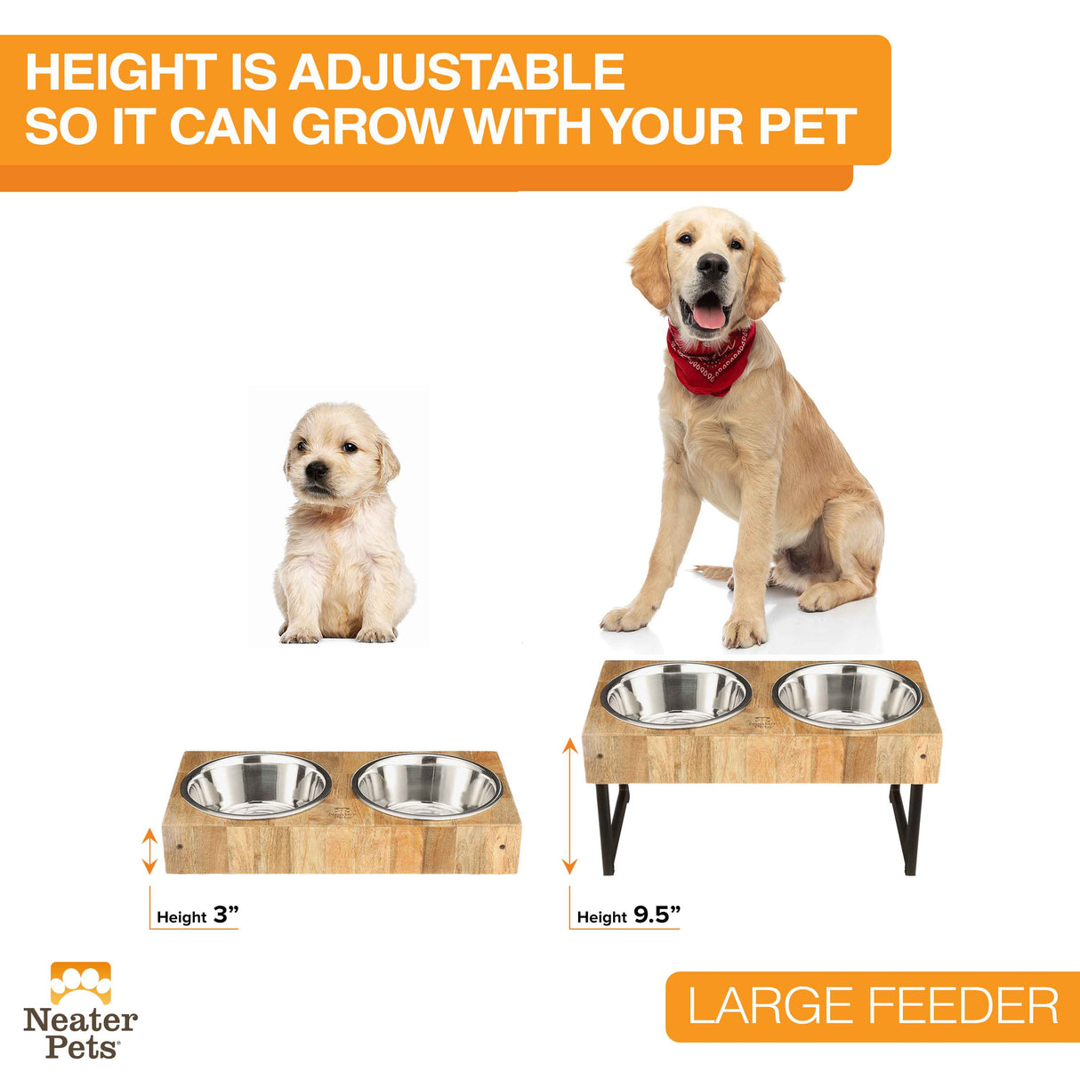 Picture of a puppy and of an adult dog behind the feeder. The puppy is behind the version with the legs folded, and the adult is behind the version with the legs out. Text on screen reads: Height is adjustable, so it can grow with your pet.