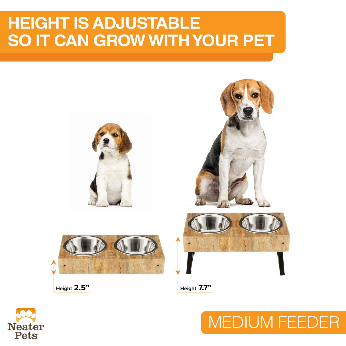Picture of a puppy and of an adult dog behind the feeder. The puppy is behind the version with the legs folded, and the adult is behind the version with the legs out. Text on screen reads: Height is adjustable, so it can grow with your pet.