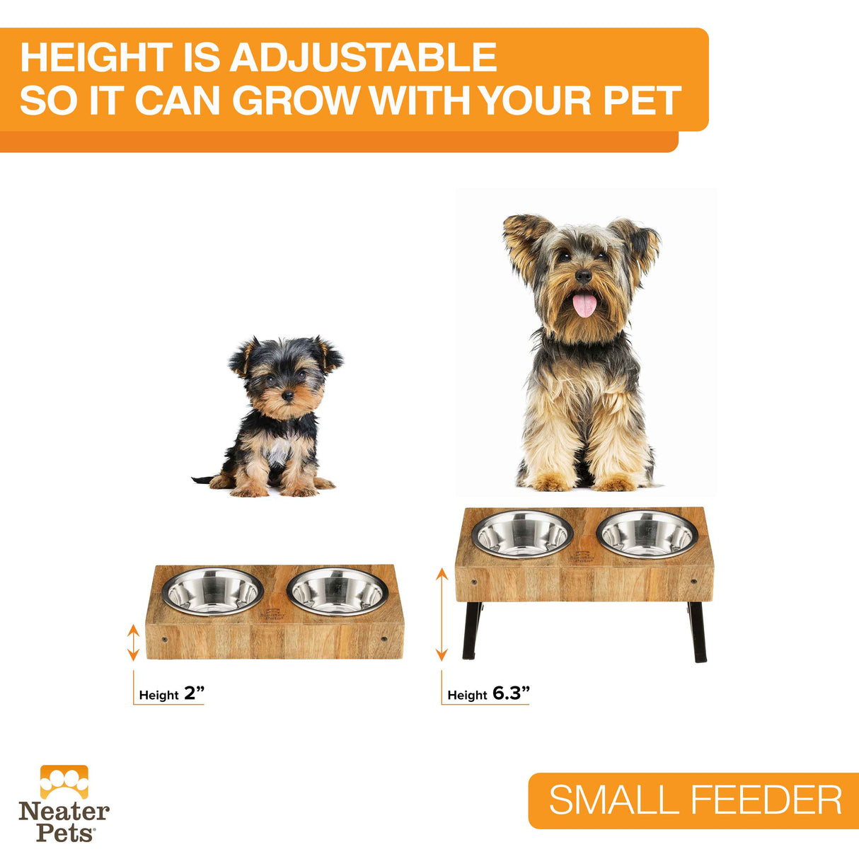 Picture of a puppy and of an adult dog behind the feeder. The puppy is behind the version with the legs folded, and the adult is behind the version with the legs out. Text on screen reads: Height is adjustable, so it can grow with your pet.