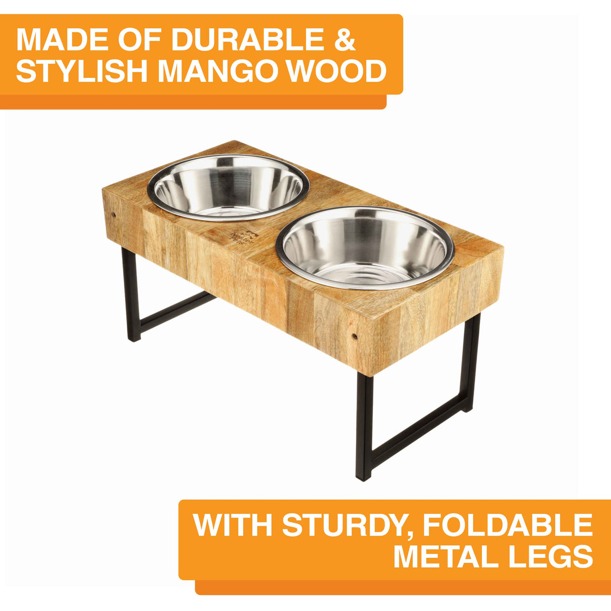 Image of the wooden adjustable feeder against a white background. Text on screen reads: Made of durable and stylish mango wood. With sturdy, foldable metal legs.