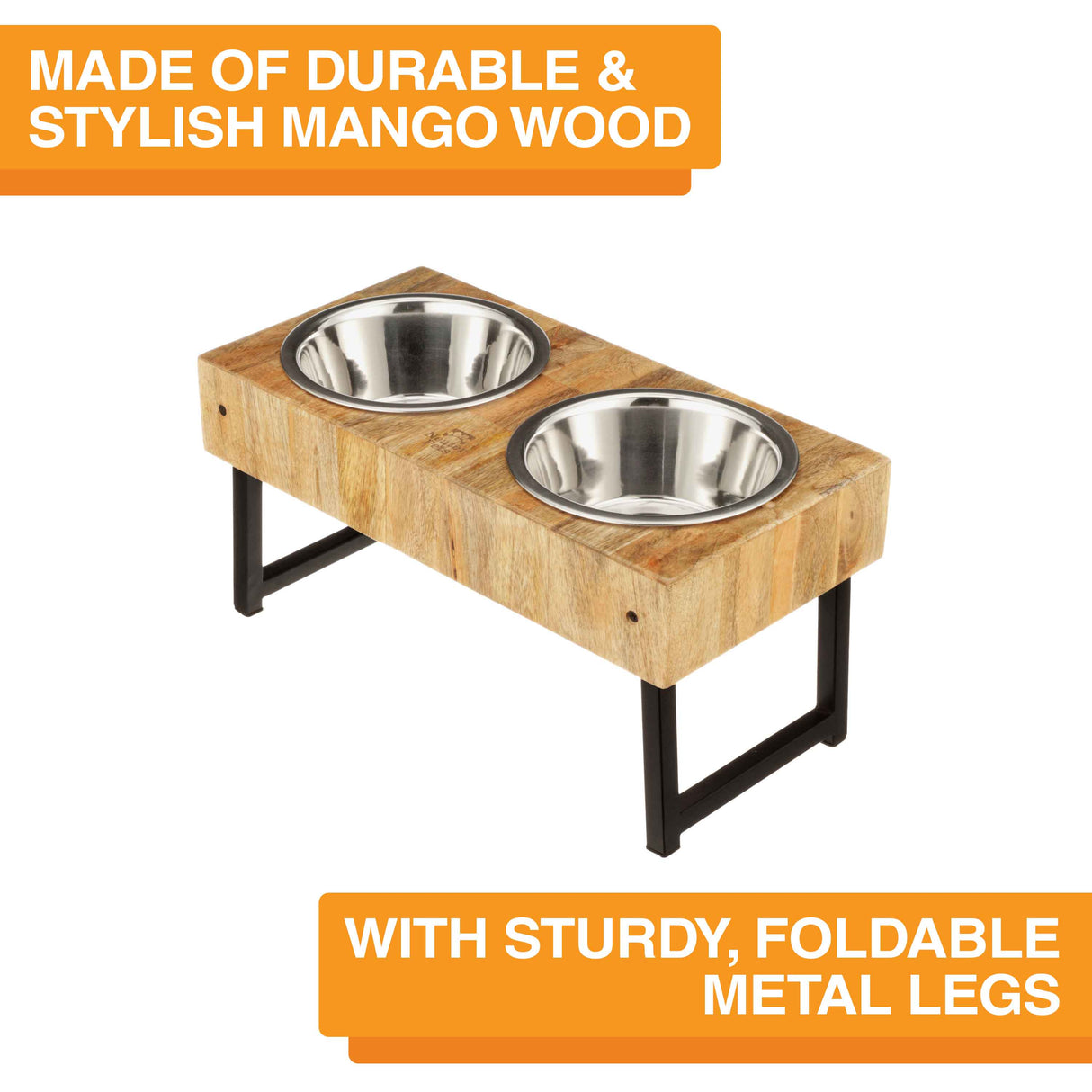 Image of the wooden adjustable feeder against a white background. Text on screen reads: Made of durable and stylish mango wood. With sturdy, foldable metal legs.