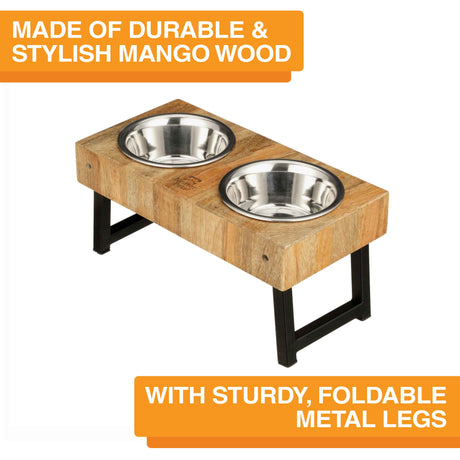 Image of the wooden adjustable feeder against a white background. Text on screen reads: Made of durable and stylish mango wood. With sturdy, foldable metal legs.