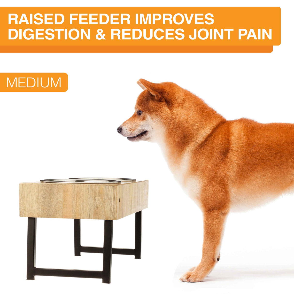 Image of a dog next to the wooden feeder. Text on screen reads: Raised feeder improves digestion and reduces joint pain.