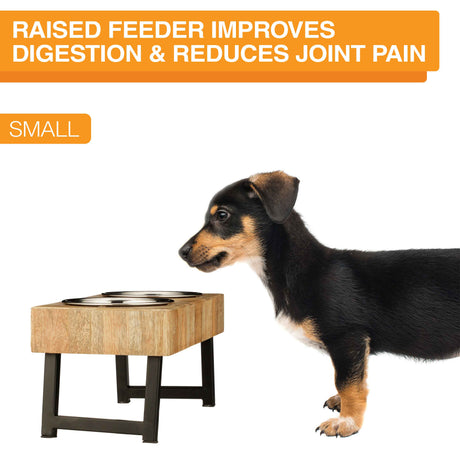 Image of a dog next to the wooden feeder. Text on screen reads: Raised feeder improves digestion and reduces joint pain.