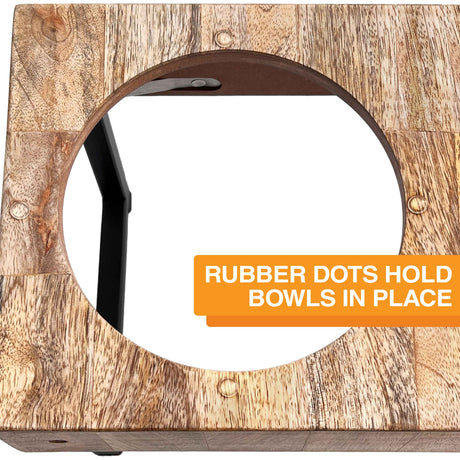 A close-up picture of rubber dots around the bowl hole. Text on screen reads: Rubber dots hold bowls in place.