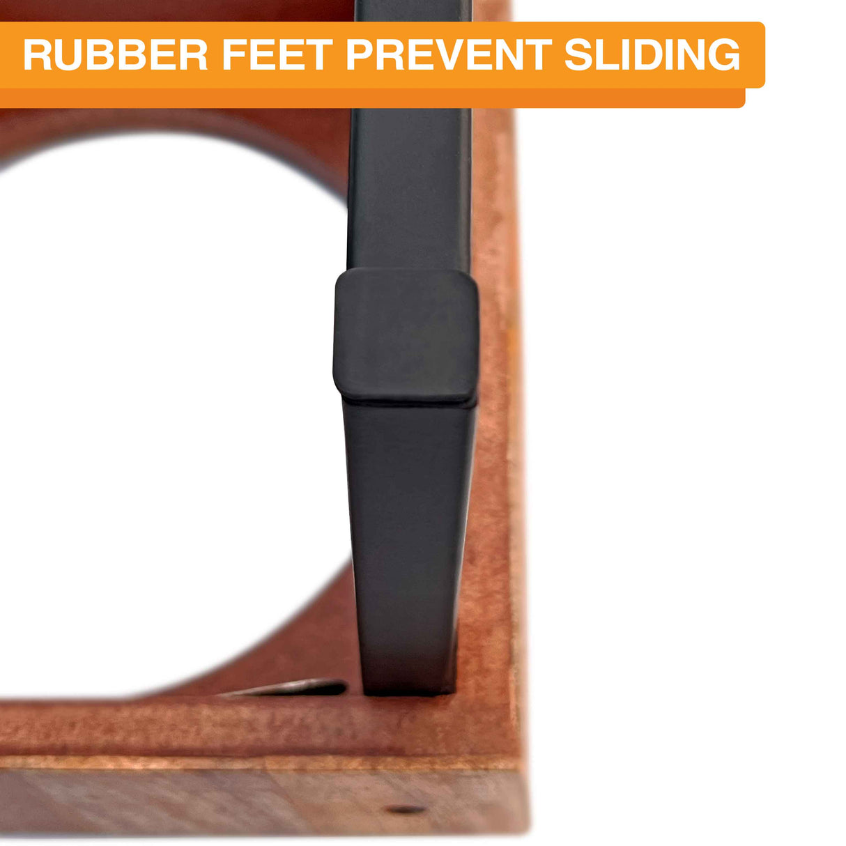 A close-up of the rubber feet on the base of the legs. Text on screen reads: Rubber feet prevent sliding.