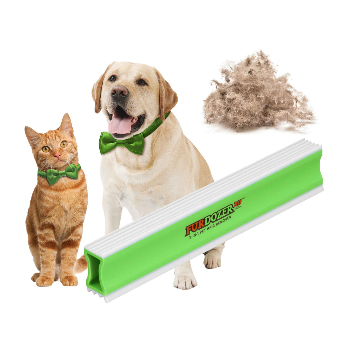 Dog and cat with green FurDozer X3 Mega with a pile of pet hair behind them on a white background.
