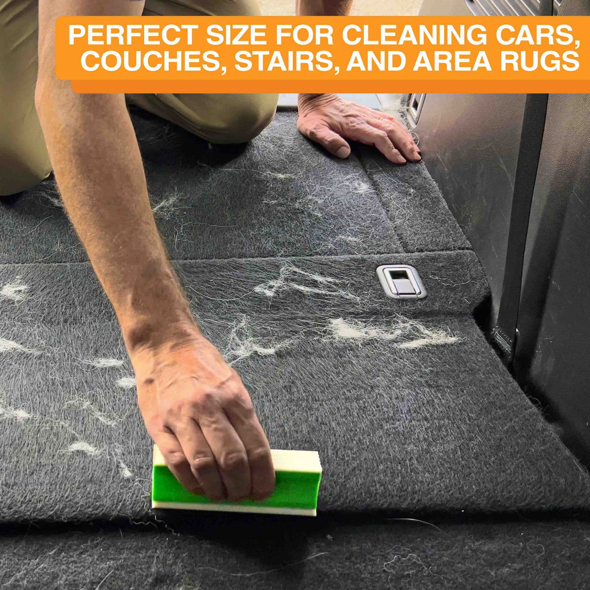 A person cleaning the trunk of their car with the FurDozer. Text on screen reads: perfect size for cleaning cars, couches, stairs, and area rugs.