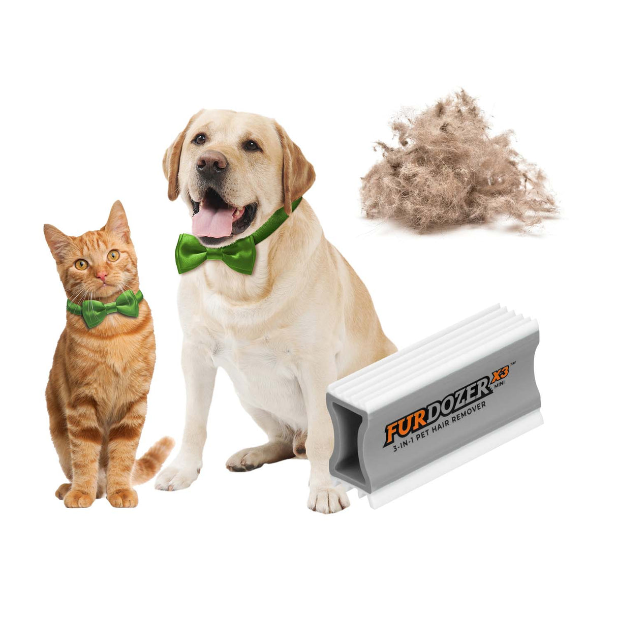 Grey mini FurDozer with a pile of hair and a cat and dog on a white background.