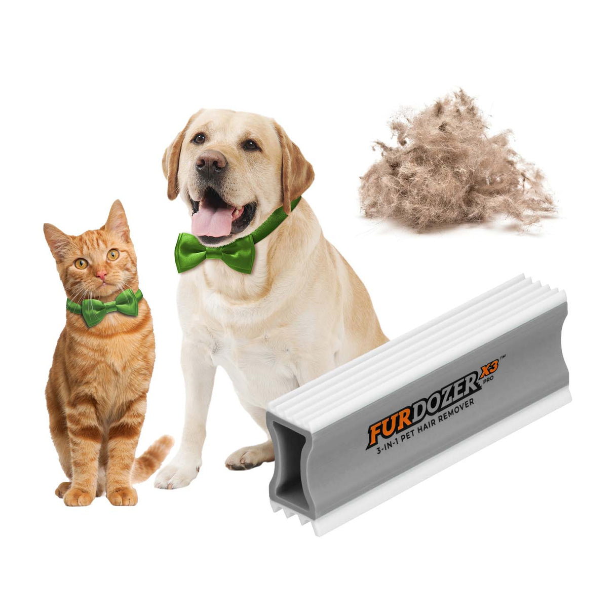 Grey FurDozer pro with a pile or hair and a cat and dog on a white background.