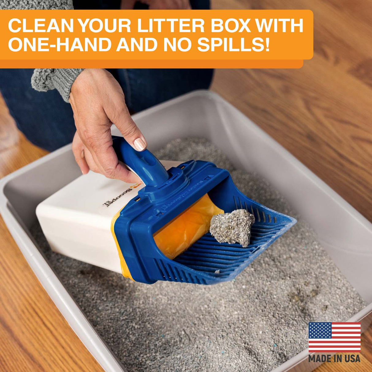 A picture of a woman scooping litter inside a litter box. Text on screen reads: Clean your litter box with one hand and no spills!
