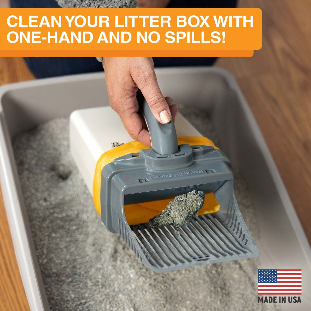 A picture of a woman scooping litter inside a litter box. Text on screen reads: Clean your litter box with one hand and no spills!