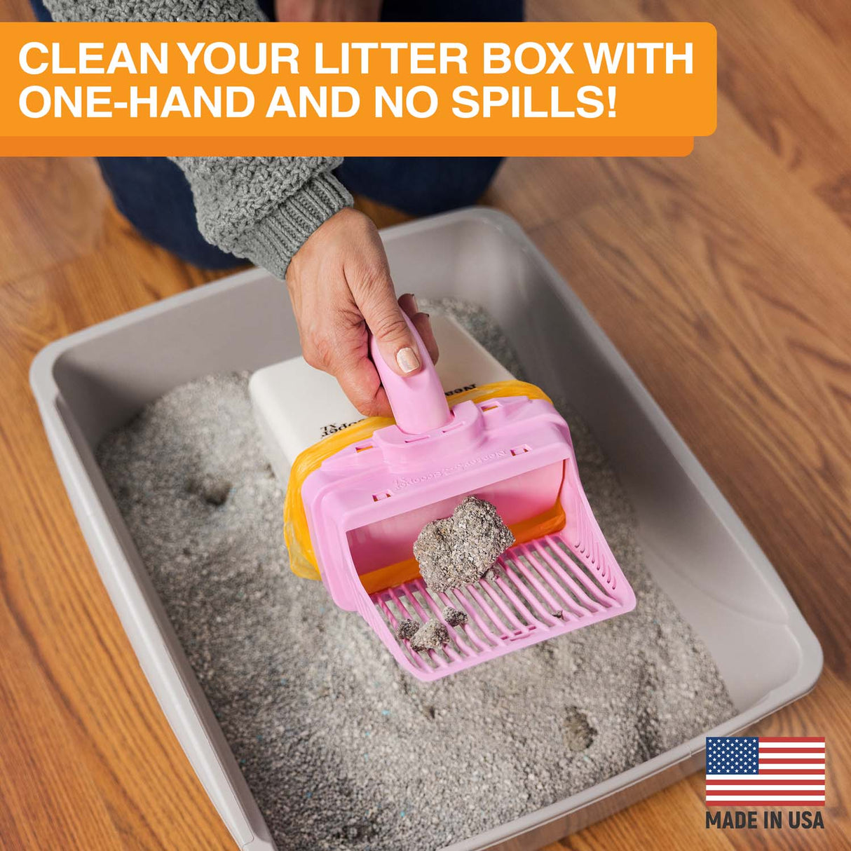 A picture of a woman scooping litter inside a litter box. Text on screen reads: Clean your litter box with one hand and no spills!