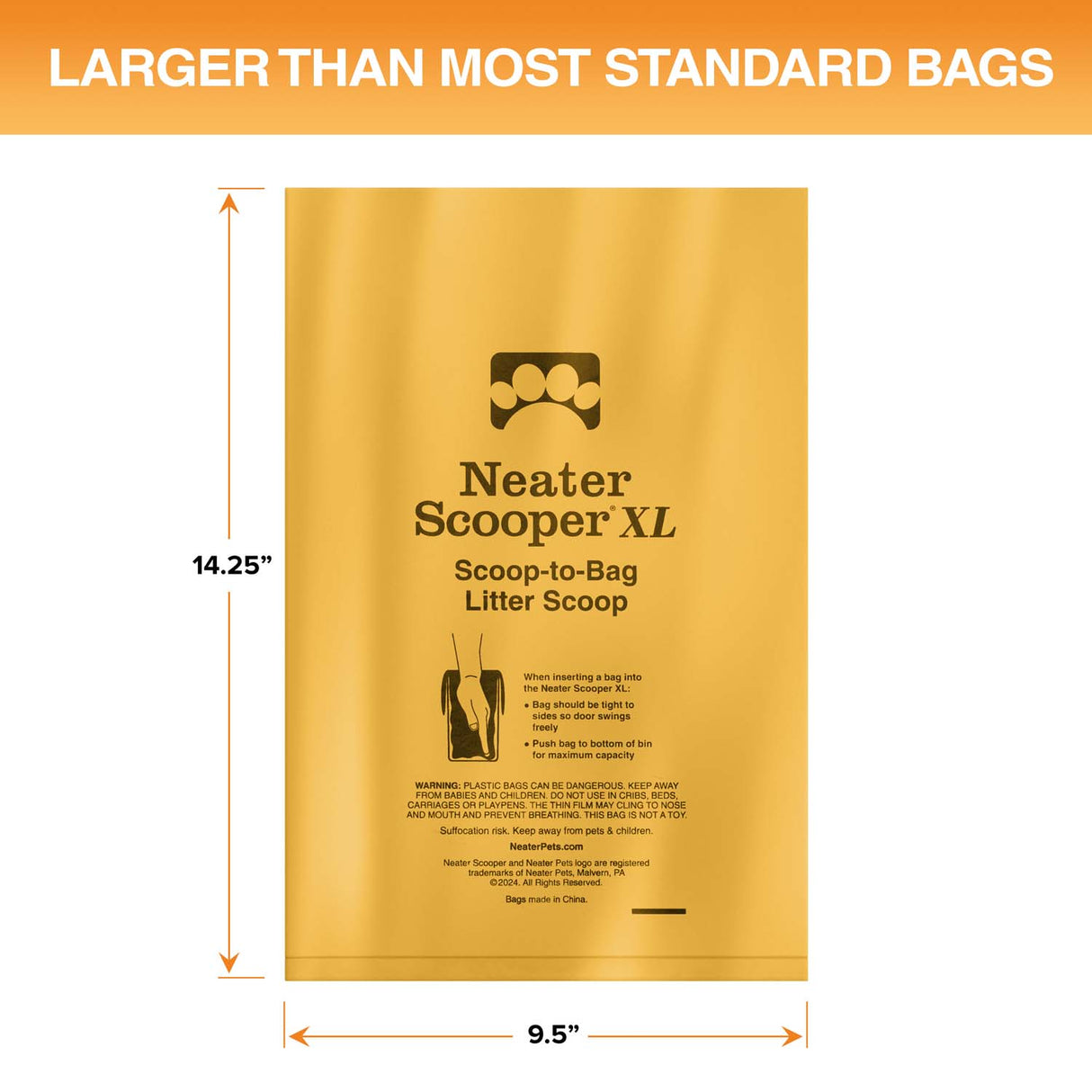 Image of a flat Neater Scooper XL bag with dimensions. Text on the screen reads: Larger than most standard bags.
