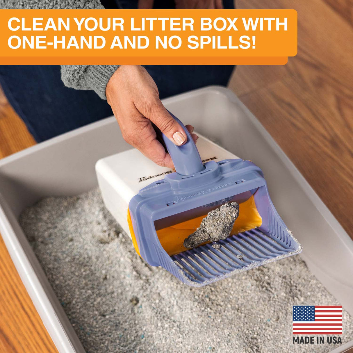 A picture of a woman scooping litter inside a litter box. Text on screen reads: Clean your litter box with one hand and no spills!