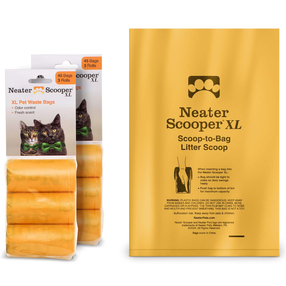 Image of the Neater Scooper XL Bags. One is laid flat to show the size and the other displays a two-pack of 3 rolls against a white background.