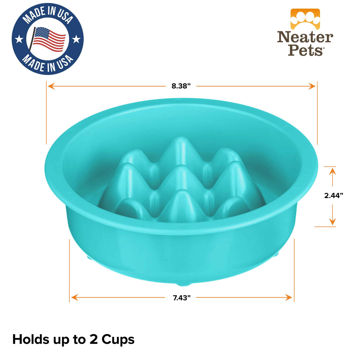 Diagram of The Niner with the dimensions. The bowl can up to 2 cups of food and is made in the USA.