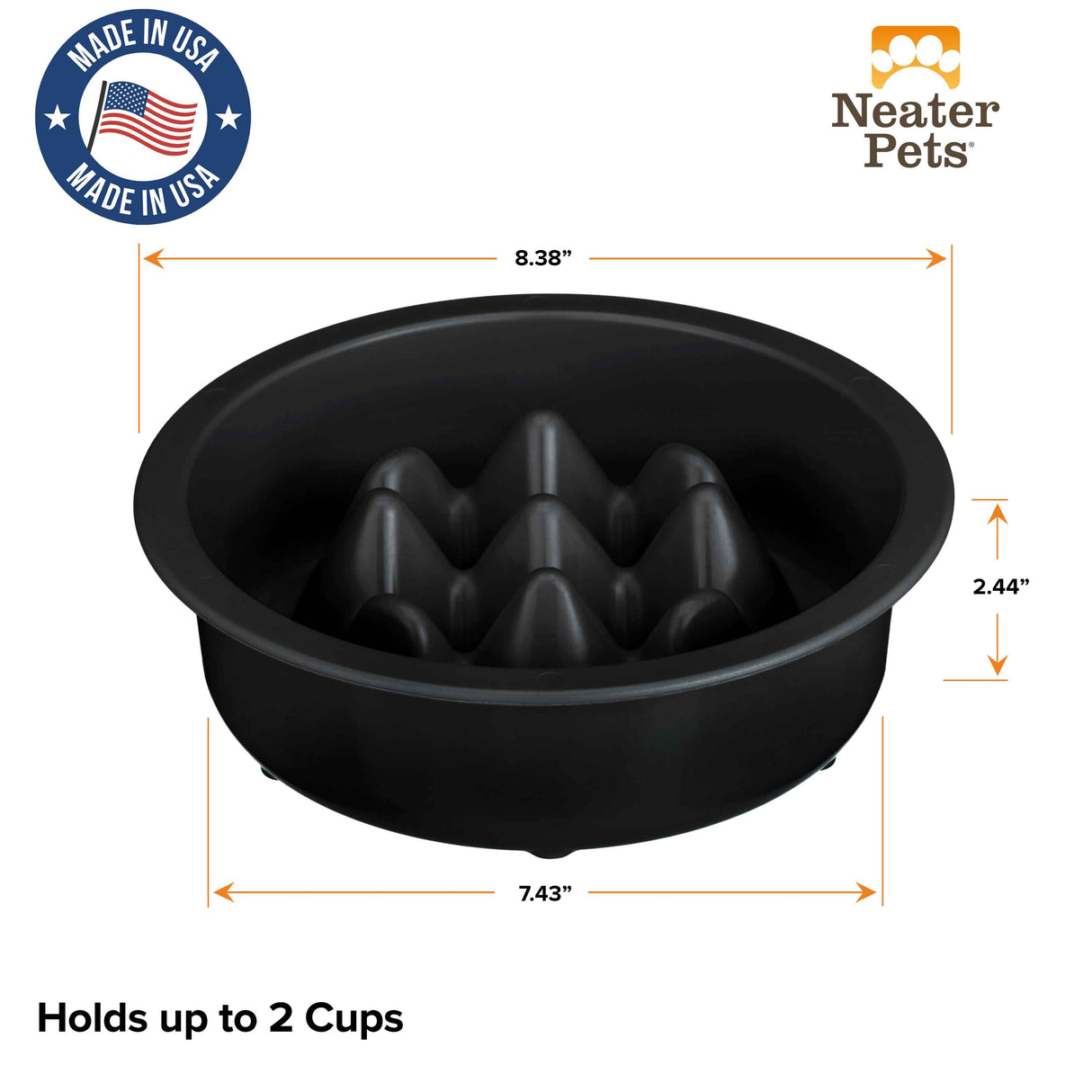 Diagram of The Niner with the dimensions. The bowl can up to 2 cups of food and is made in the USA.