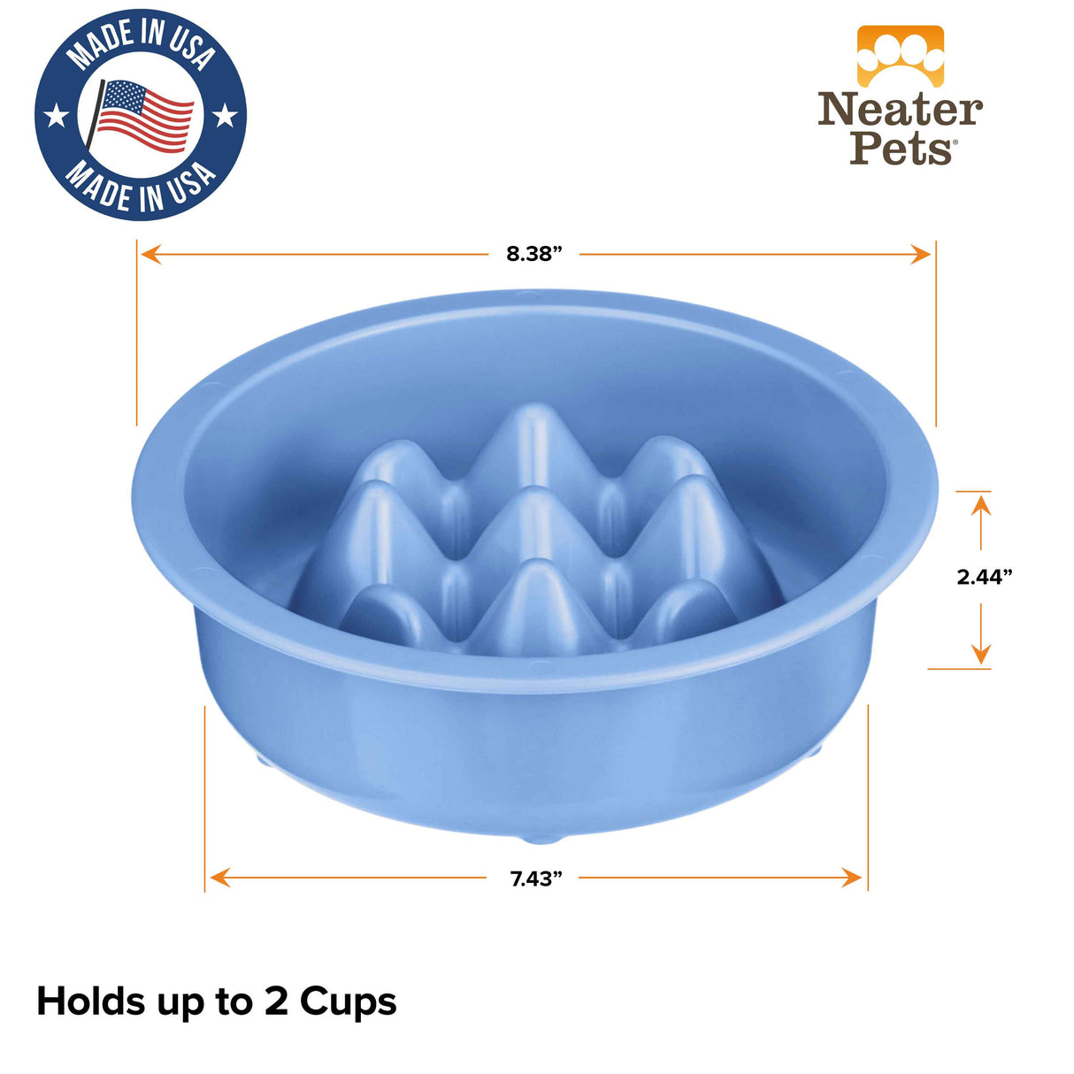 Diagram of The Niner with the dimensions. The bowl can up to 2 cups of food and is made in the USA.