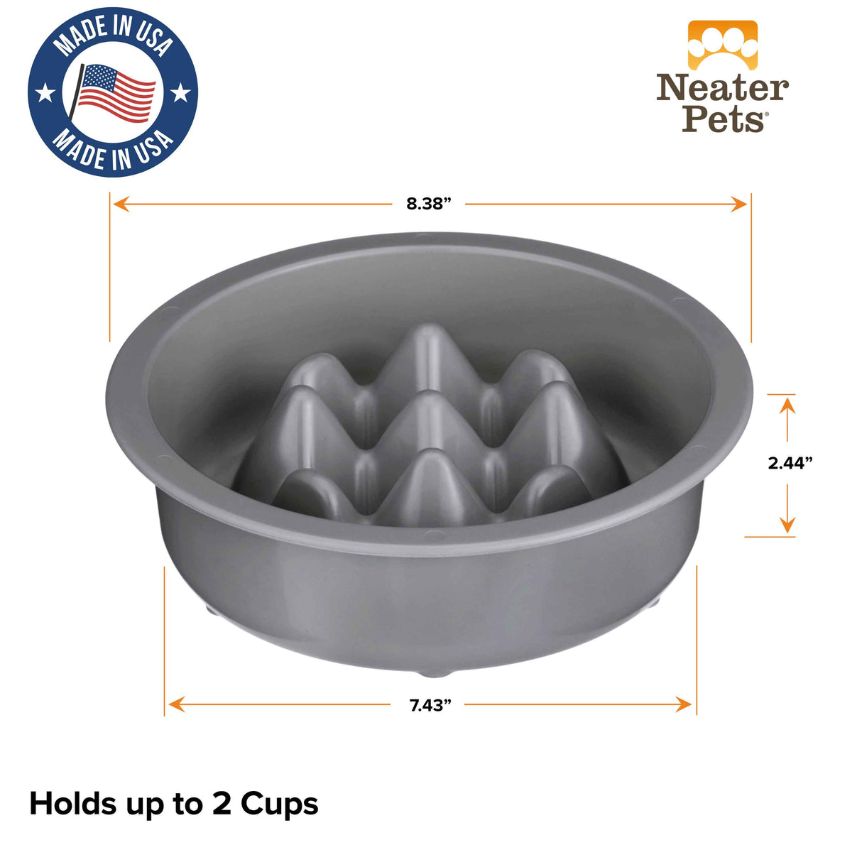 Diagram of The Niner with the dimensions. The bowl can up to 2 cups of food and is made in the USA.
