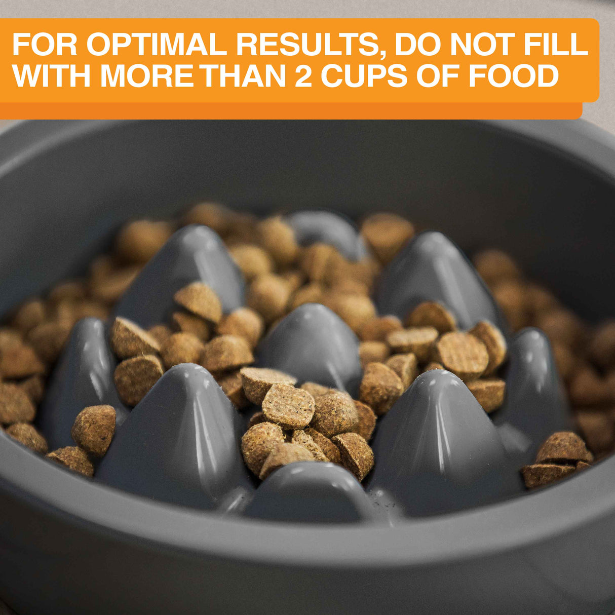 Close up of The Niner with 2 cups of food. Text mentions not to fill the Niner bowl with more than 2 cups of food.