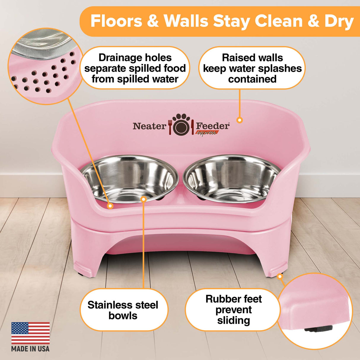Picture explaining the benefits of the Neater Feeder: drainage holes, raised walls, stainless steel bowls, and rubber feet.