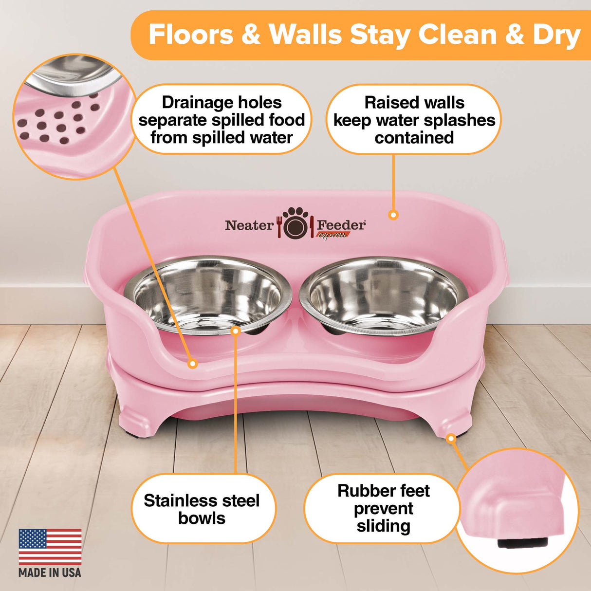 Picture explaining the benefits of the Neater Feeder: drainage holes, raised walls, stainless steel bowls, and rubber feet.