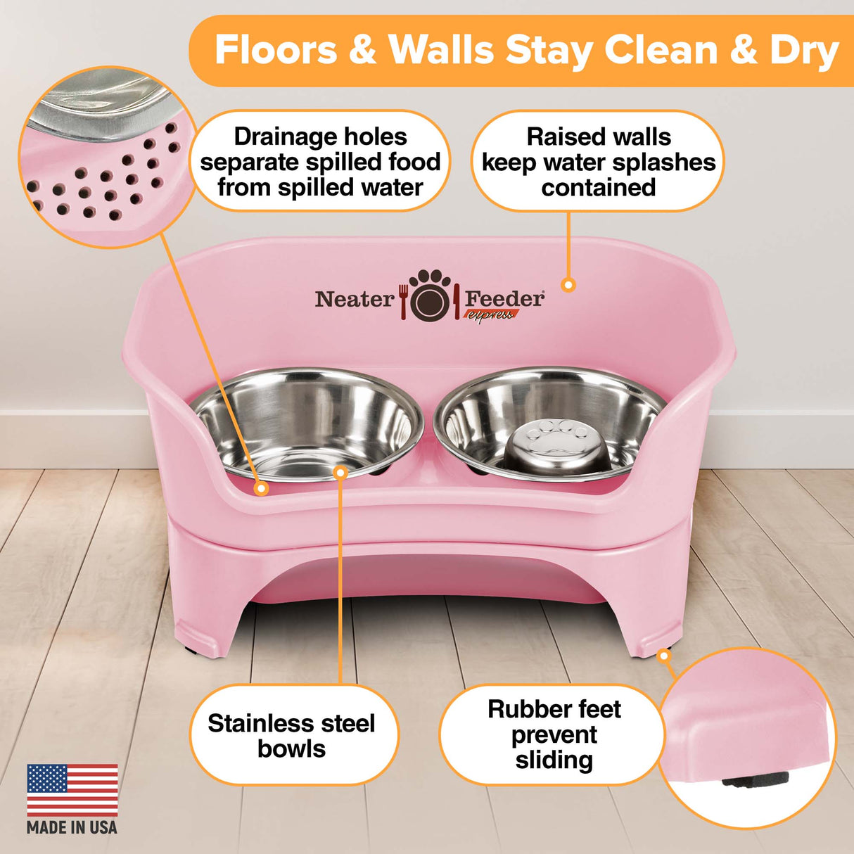 Picture explaining the benefits of the Neater Feeder: drainage holes, raised walls, stainless steel bowls, and rubber feet.