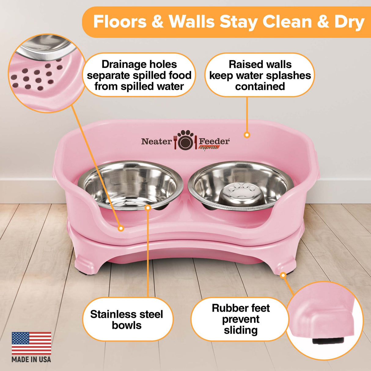 Picture explaining the benefits of the Neater Feeder: drainage holes, raised walls, stainless steel bowls, and rubber feet.