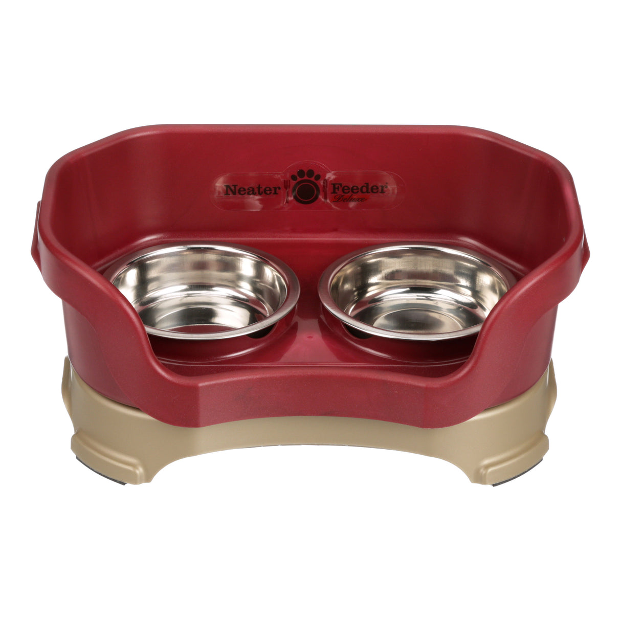 Cat Deluxe Neater Feeder in Cranberry with two stainless steel bowls against a white background.