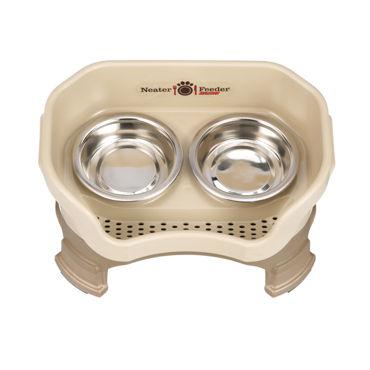 Deluxe Cat Neater Feeder with leg extensions in Cappuccino top view with two stainless steel bowls against a white background.