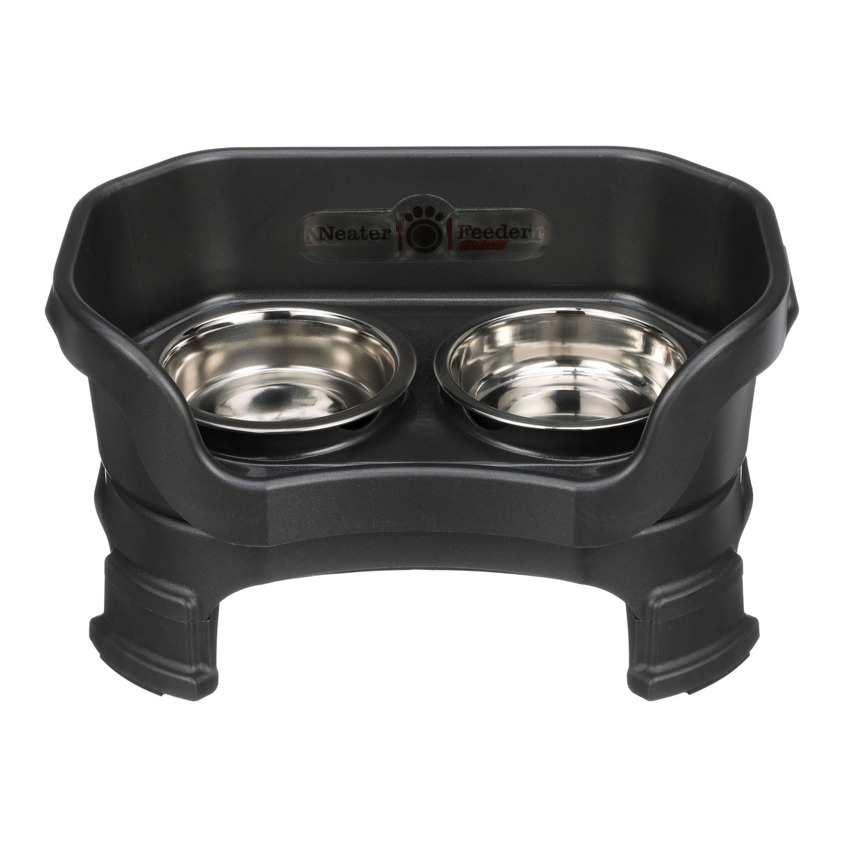 Deluxe Neater Feeder cat in Midnight Black with leg extensions with two stainless steel bowls against a white background.