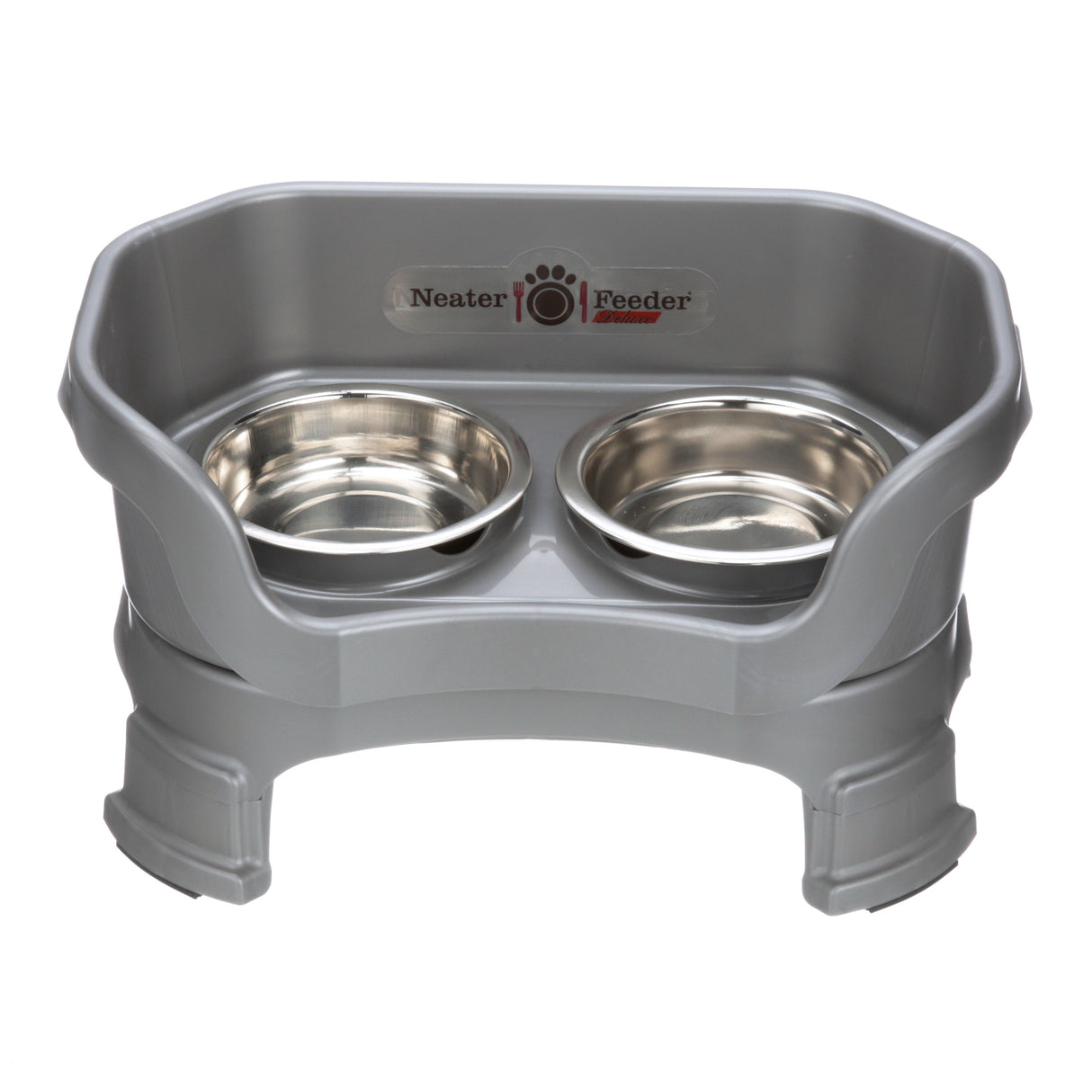 Deluxe Neater Feeder cat in Gunmetal Grey with leg extensions with two stainless steel bowls against a white background.