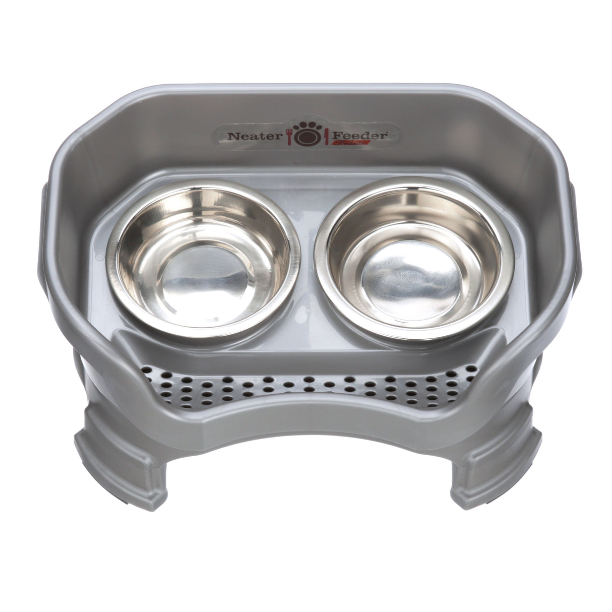 Deluxe Cat Neater Feeder with leg extensions in Gunmetal Grey top view with two stainless steel bowls against a white background.