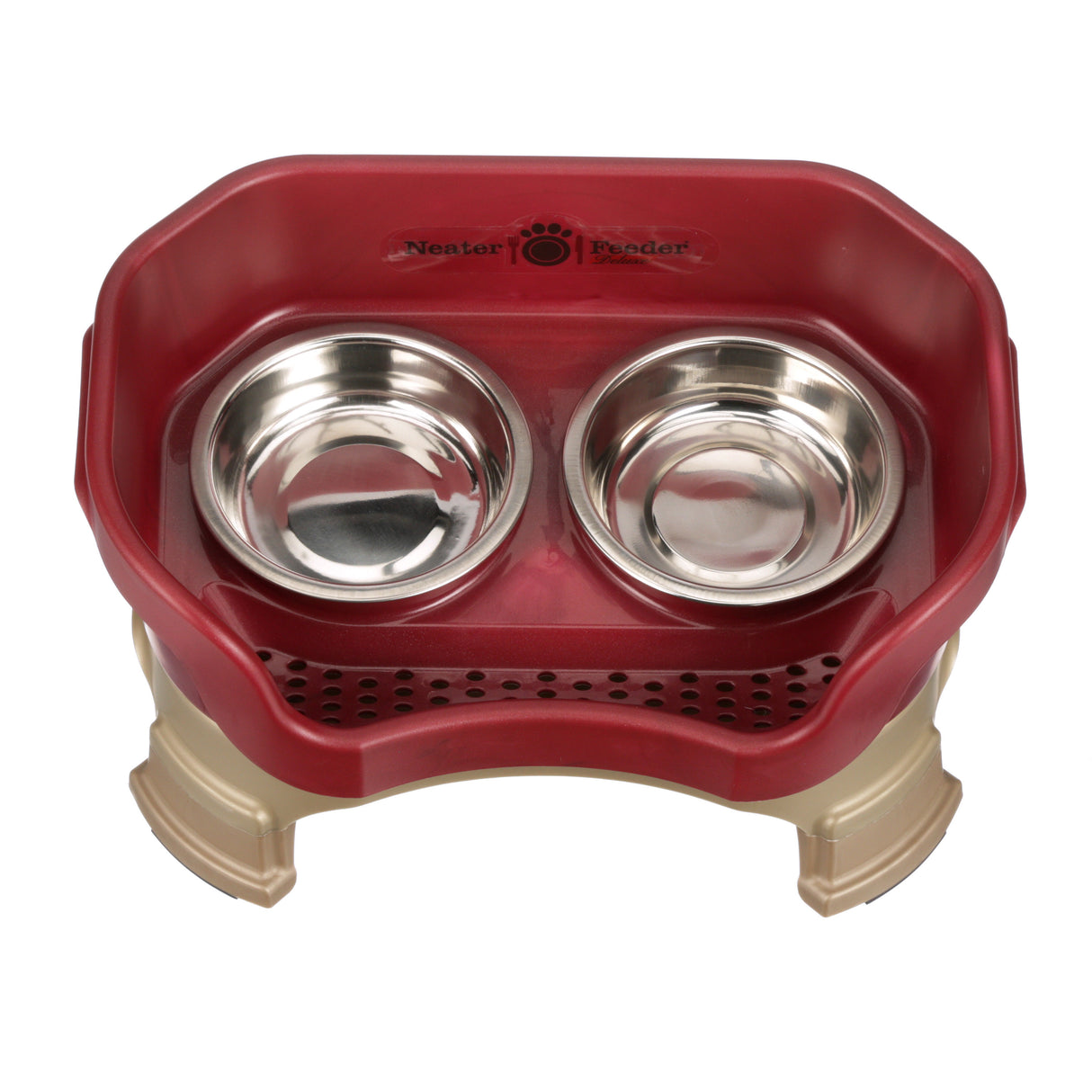 Deluxe Cat Neater Feeder with leg extensions in Cranberry top view with two stainless steel bowls against a white background.