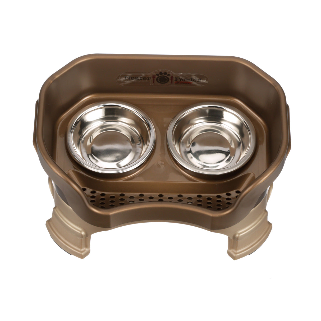 Deluxe Cat Neater Feeder with leg extensions in Bronze top view with two stainless steel bowls against a white background.