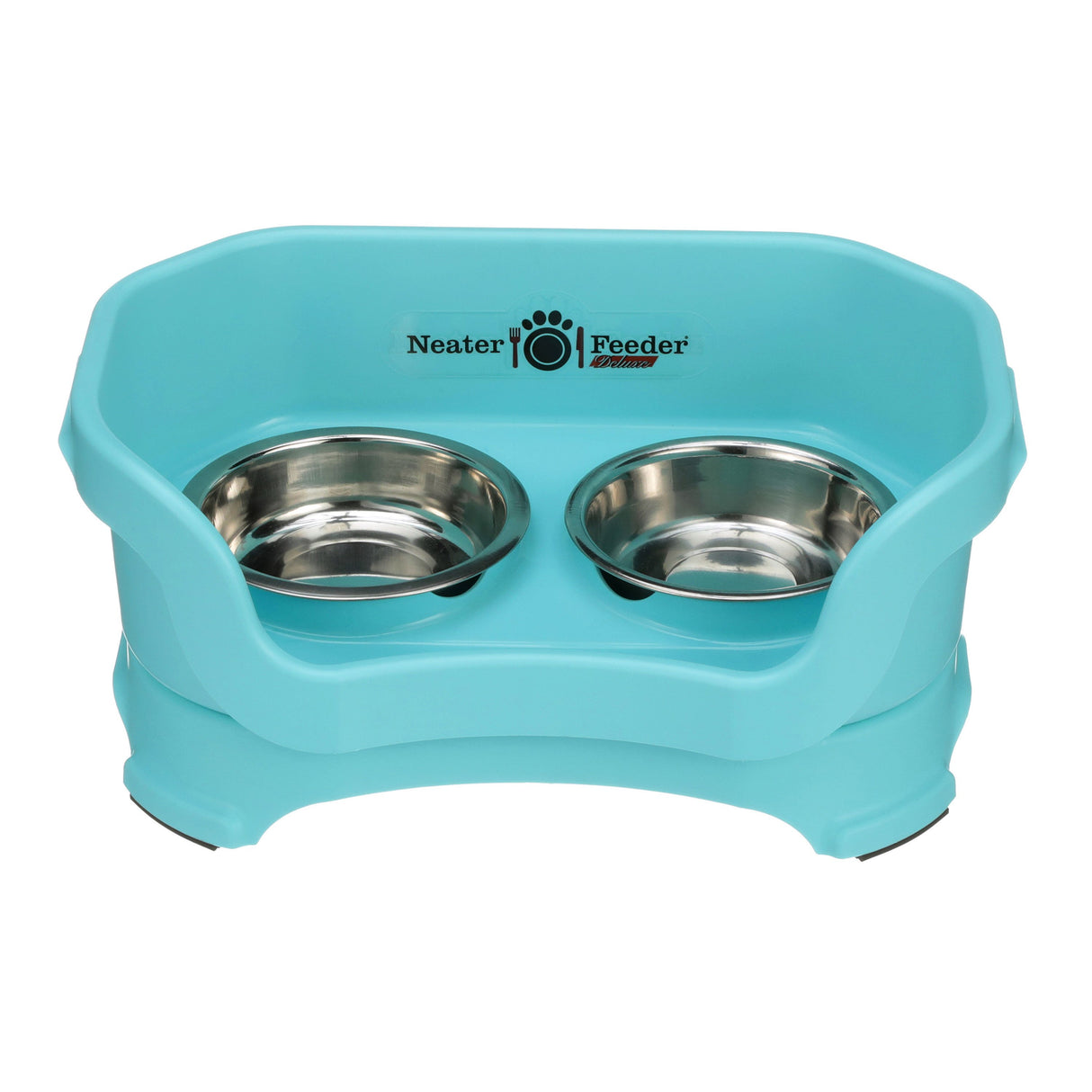 Neater Feeder Deluxe for Cats in Aquamarine with two stainless steel bowls against a white background.