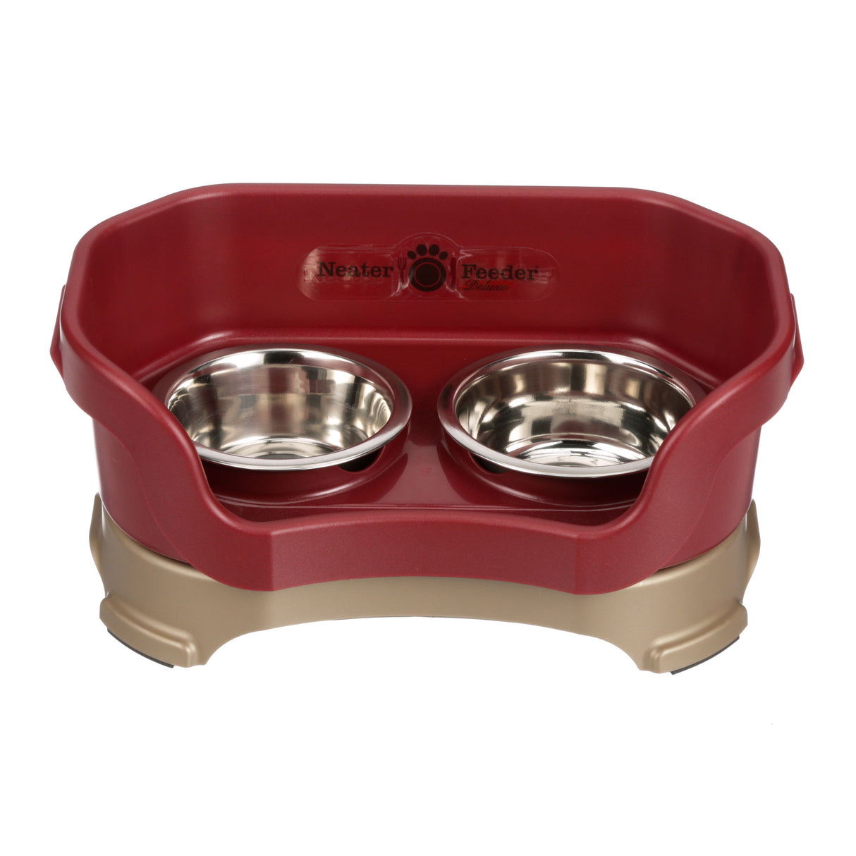 Small Deluxe Neater Feeder in Cranberry with two stainless steel bowls against a white background.