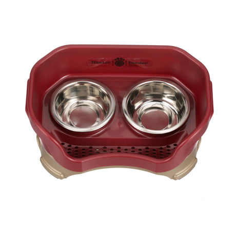 Deluxe small Neater Feeder in Cranberry top view with two stainless steel bowls against a white background.