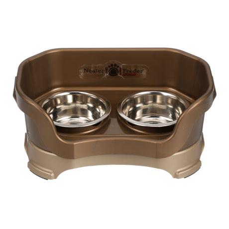 Deluxe small Neater Feeder in Bronze with two stainless steel bowls against a white background.